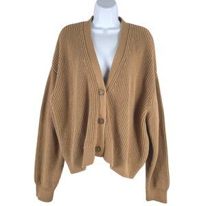 Quince Organic Cotton Fisherman Boxy Cropped Cardigan Sweater XL Camel CJ-2165